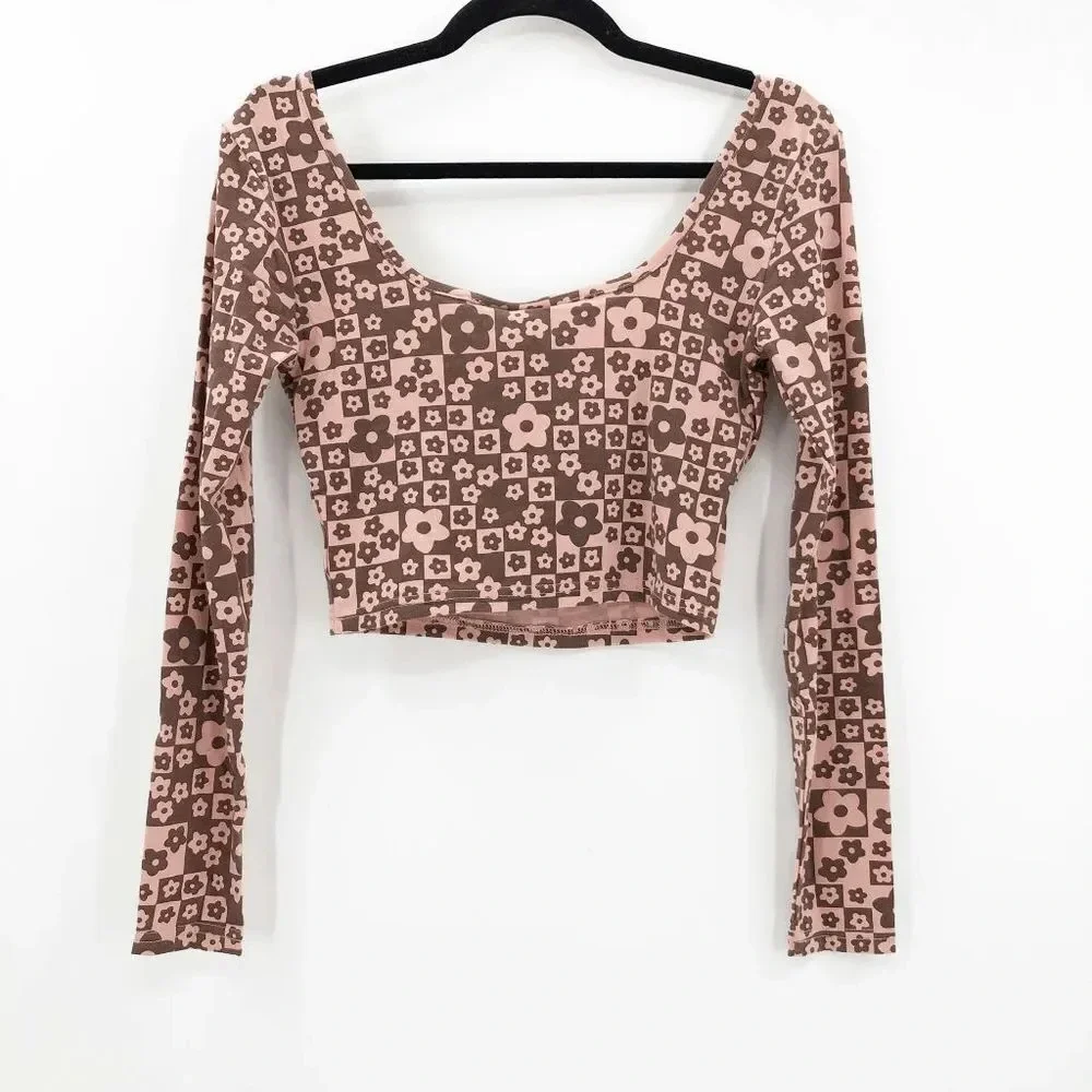 NWT Urban Outfitters Daisy Street Pink Brown Floral Long Sleeve Crop Top Size XS